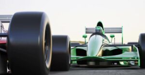 Two race cars vie for the lead, signifying DraftKings' closing in on FanDuel's market supremacy