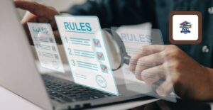Computer screen with overlaid images of screens reading "rules" signifies NCLC's sports betting rulemaking process